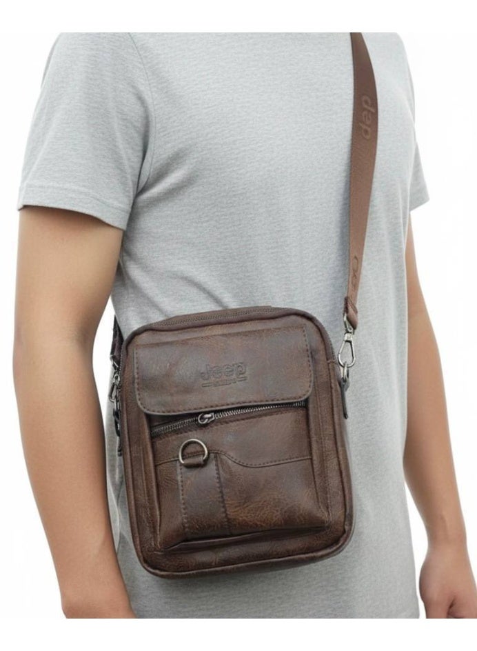 Jeep Men’s Dark Brown Leather Crossbody Bag with Front Zipper Pocket - Image 2